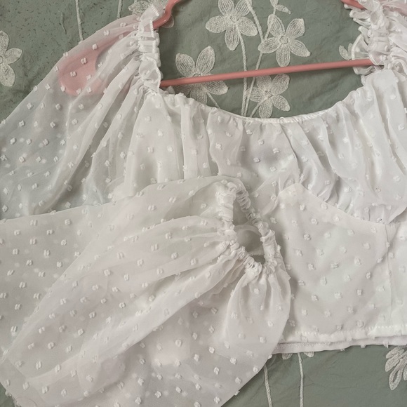 “Swiss Dot Lettuce Trim Crop Milkmaid Blouse” - Picture 3 of 6